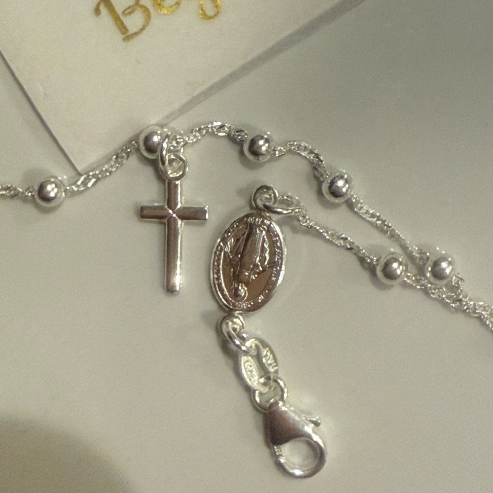 925 Sterling Silver Cross Bead Anklet Made in Italy 9"+1" Extension - Picture 3 of 4